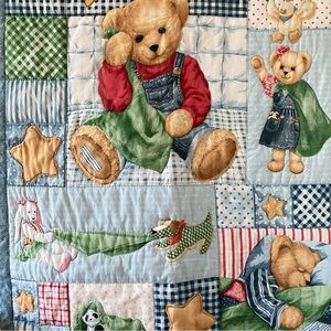 Vintage Blue Jean Teddy Bear & Friends Baby Quilt Blanket